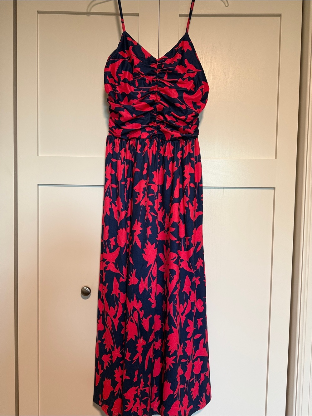 Navy Maxi Dress with Pink Floral Print and Spaghetti Straps